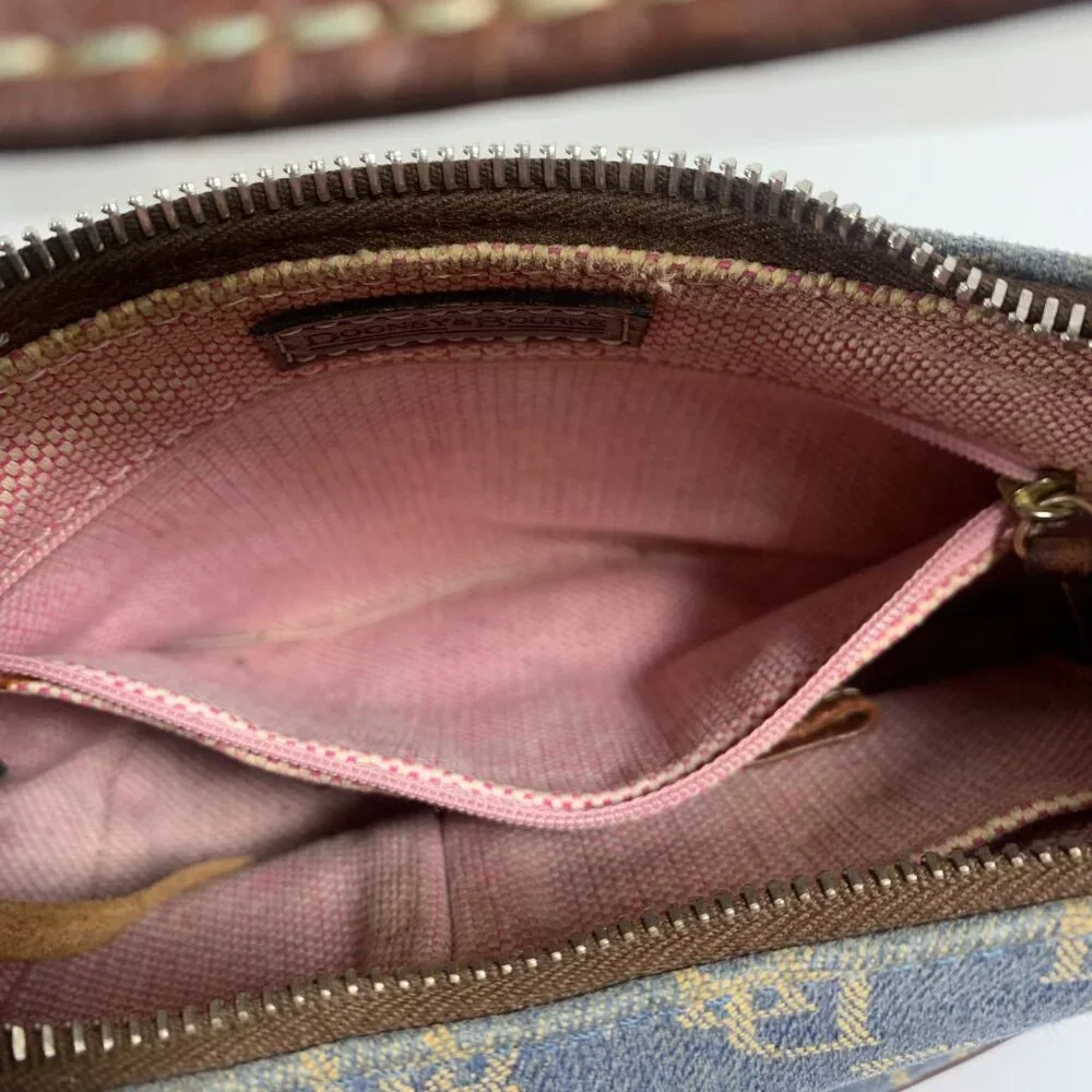 Dooney Bourke Blue Denim Jeans DB Logo Brown Leather Mini Hobo Bag Vintage Y2K